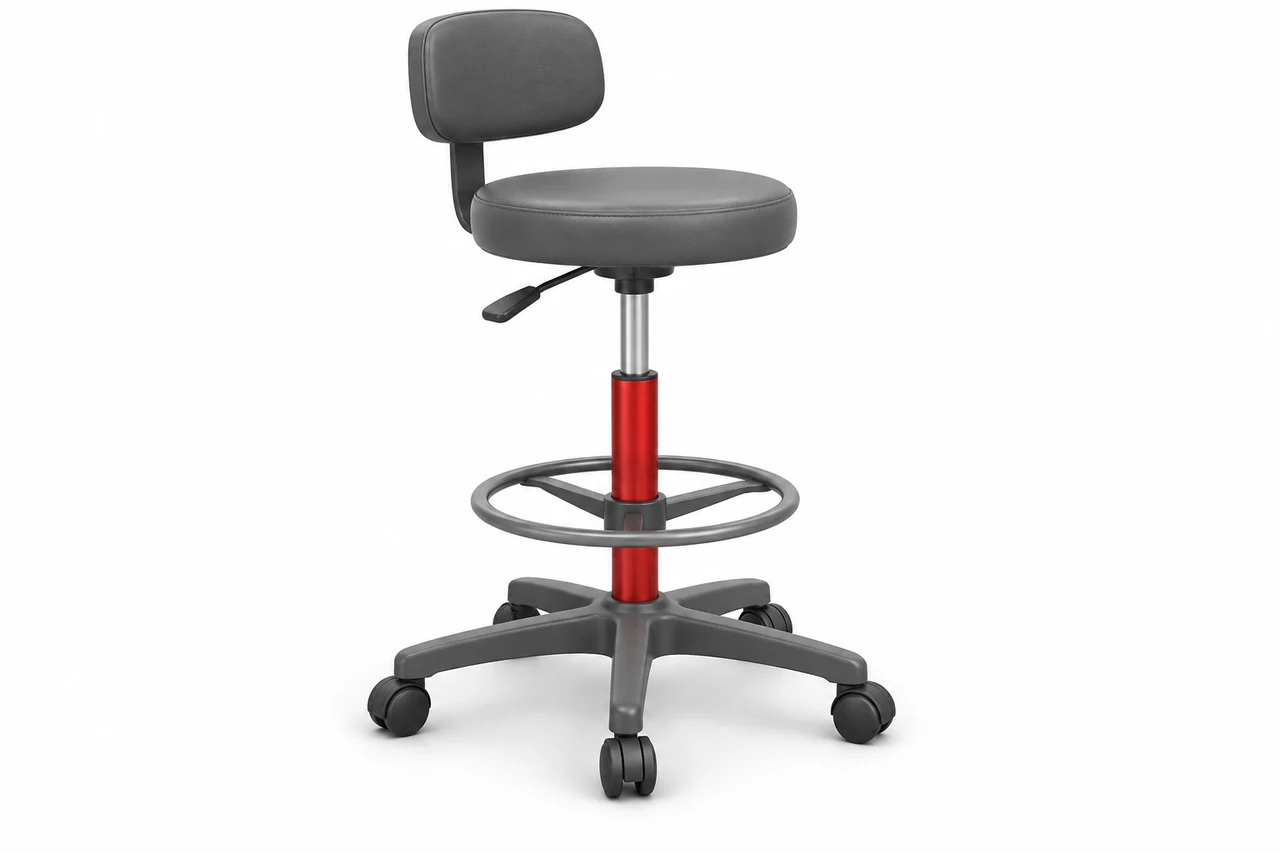 Taburete de trabajo ajustable completo con columna central de gas, aro reposapiés y base de cinco brazos