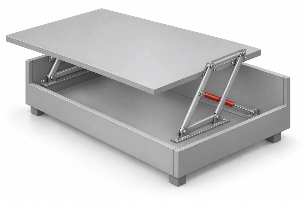 Lift-top & adjustable tables — full furniture model with gas spring position highlighted in red