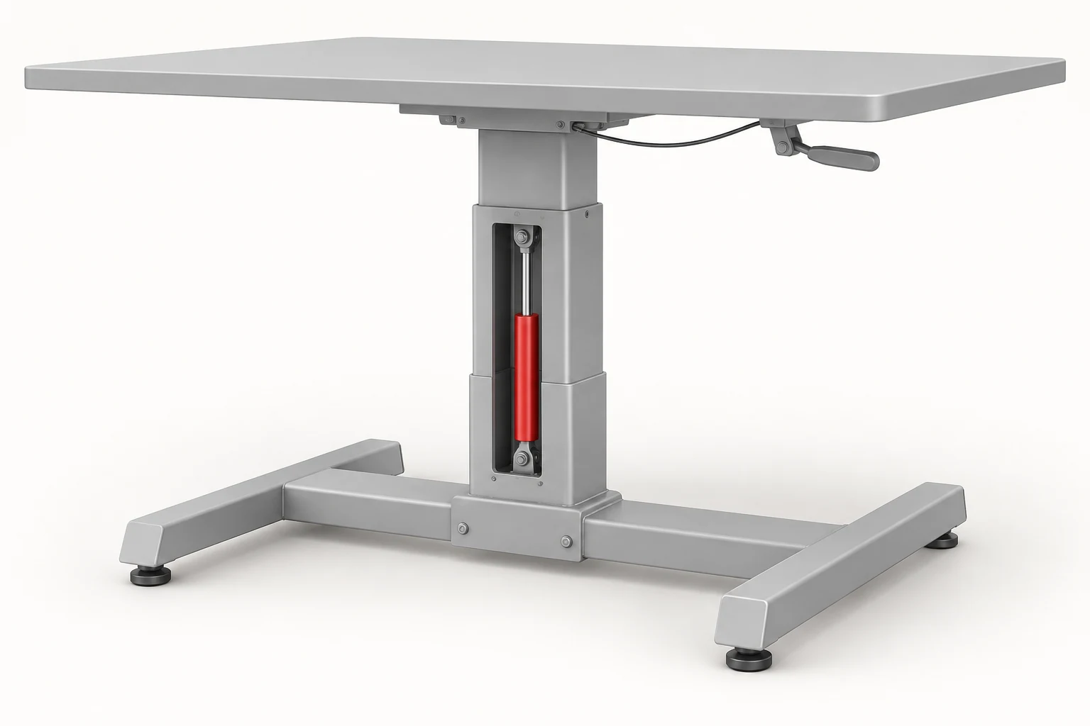 Complete height-adjustable worktable with an illustrative cutaway exposing the locking spring inside its guided column