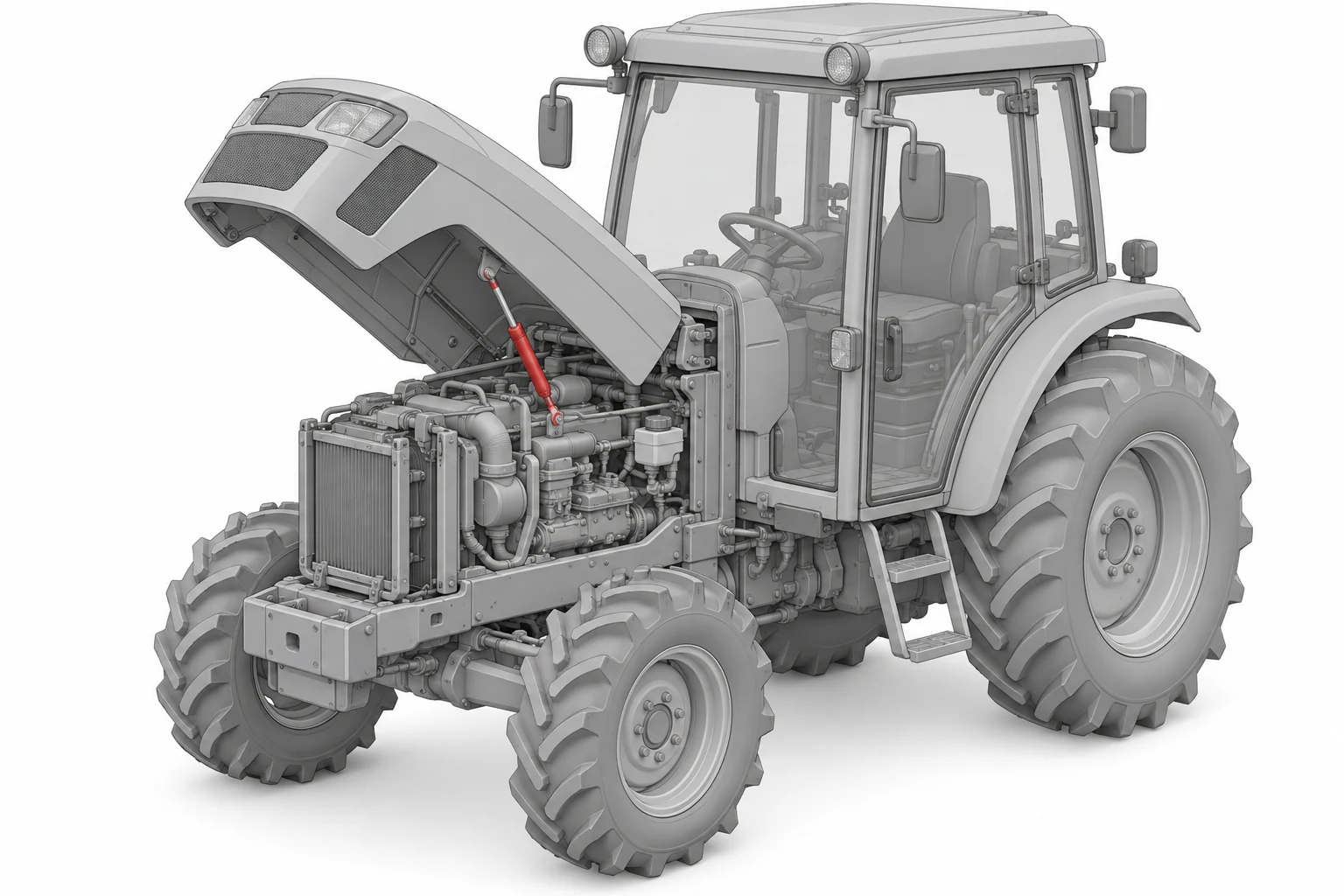 Construction & Agricultural Equipment — grey application model with gas spring locations highlighted in red