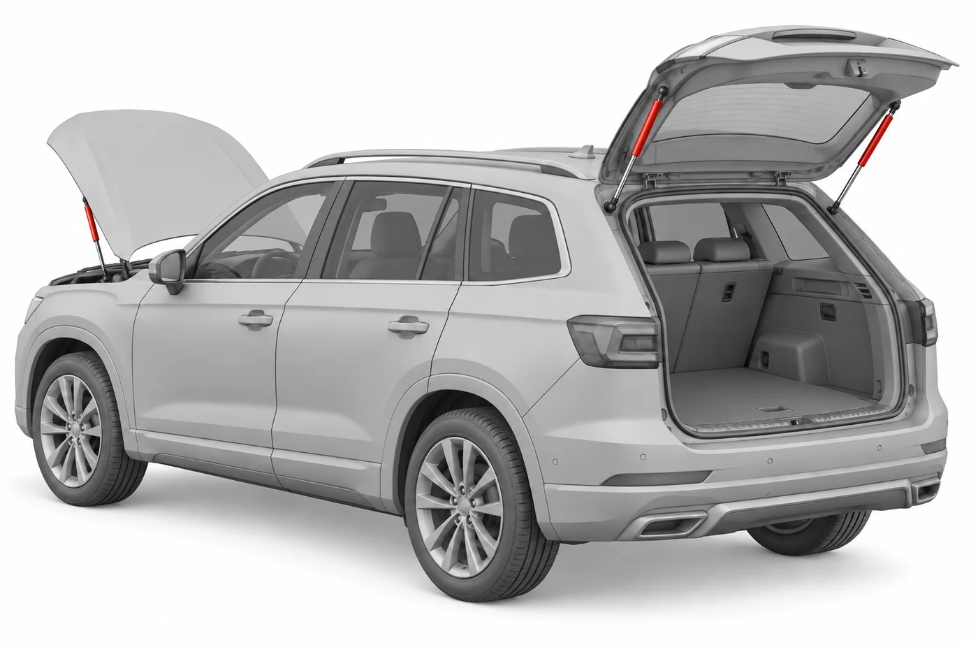 Amortiguadores de gas automotrices — modelo de aplicación en gris con las ubicaciones de los resortes a gas resaltadas en rojo