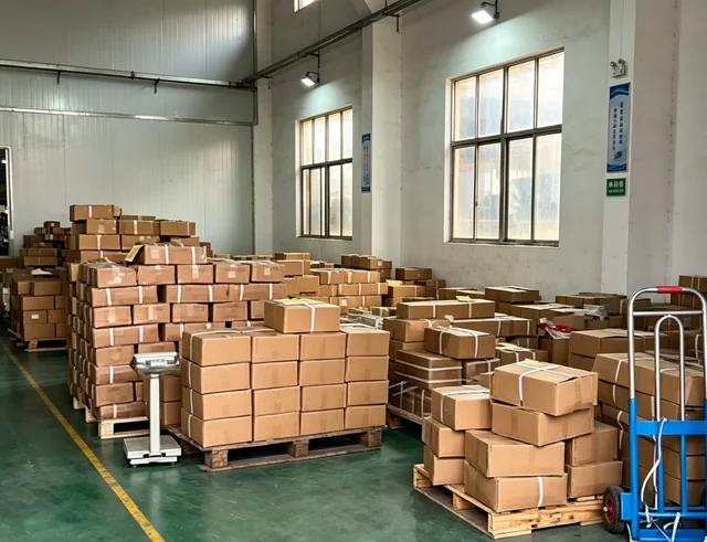 Packed cartons arranged in a storage area