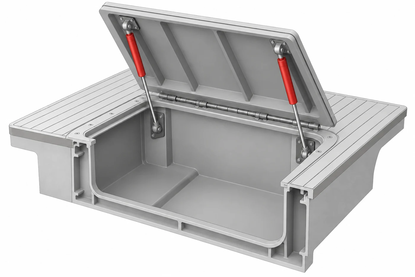 Marine & Outdoor Gas Springs — grey application model with gas spring locations highlighted in red