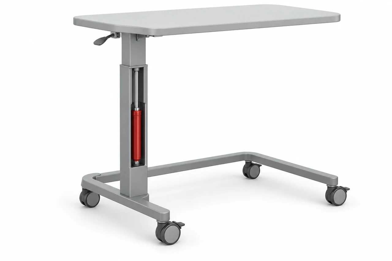 Complete overbed table with a guided vertical column and an illustrative opening showing its internal gas spring