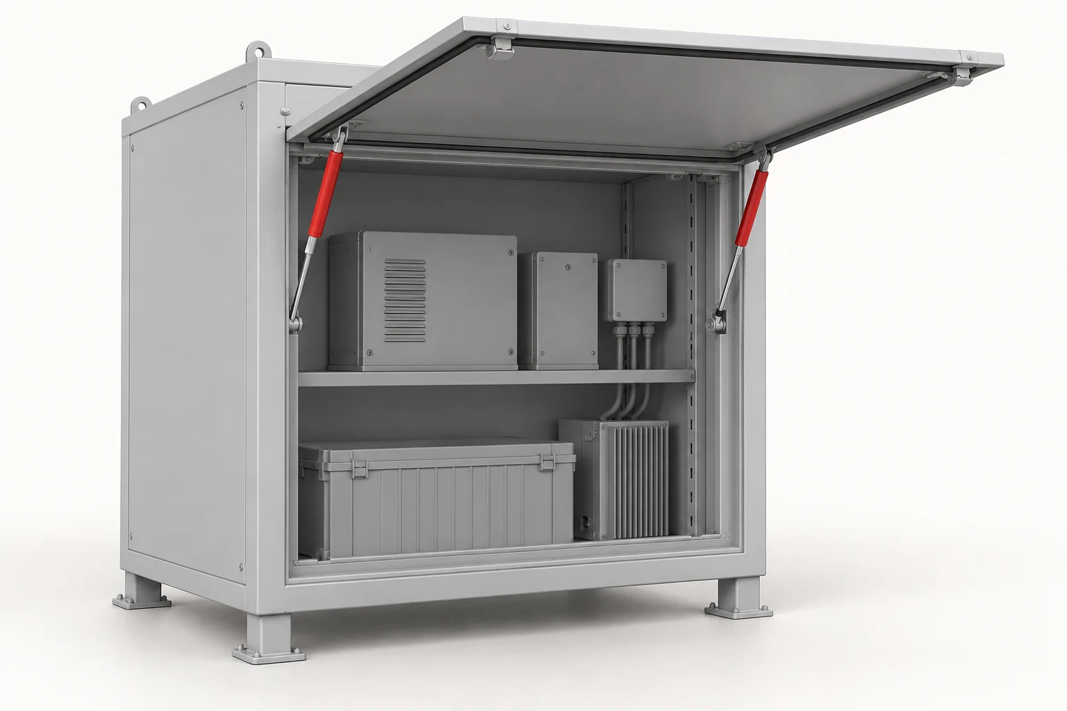 Concepto de acceso a gabinete de exterior — Del marco fijo del gabinete al panel de acceso con bisagra superior.