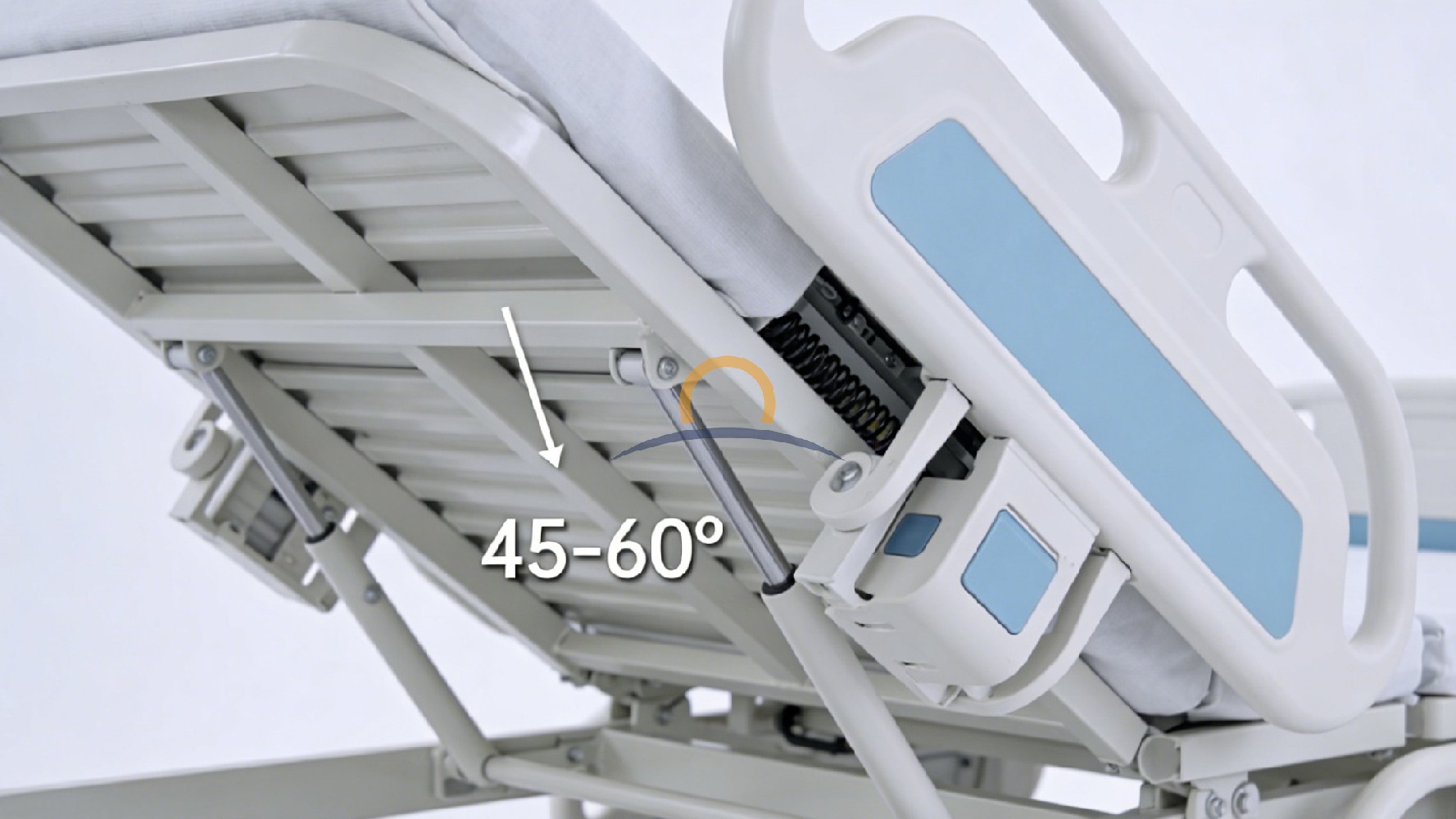 Hospital-bed backrest support mechanism with an angle illustration