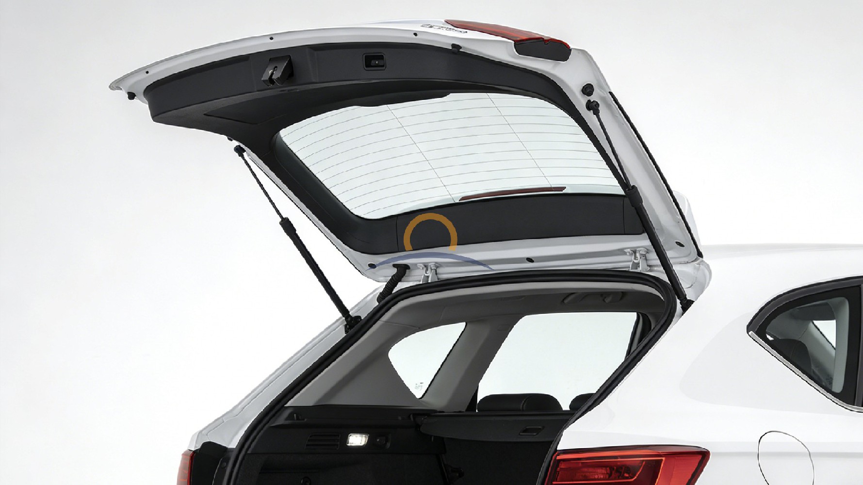 Gas struts on both sides of an open car tailgate