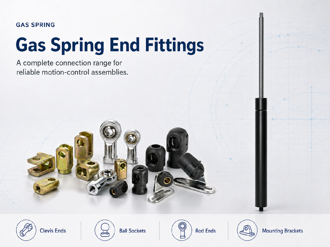 Gas spring end fittings poster showing clevis ends, ball sockets, rod ends and mounting brackets