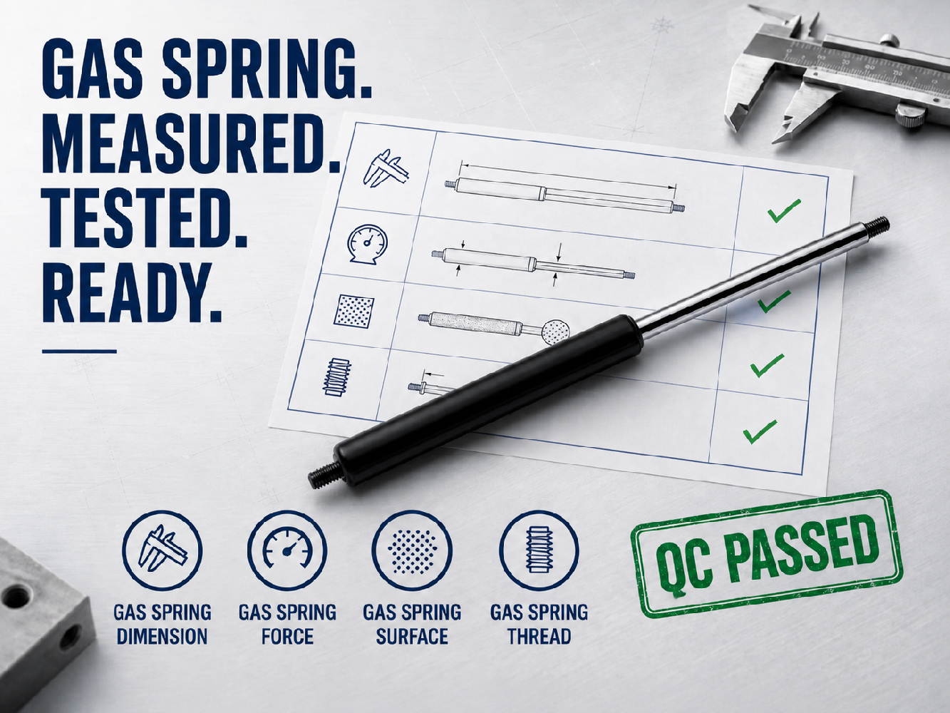 Gas spring quality-inspection illustration with a caliper, checklist and QC Passed graphic